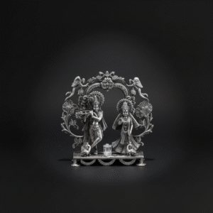 Intricately Carved Radha Krishna Silver Murti with Diya